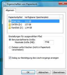 Papierkorb einstellen Windows 7